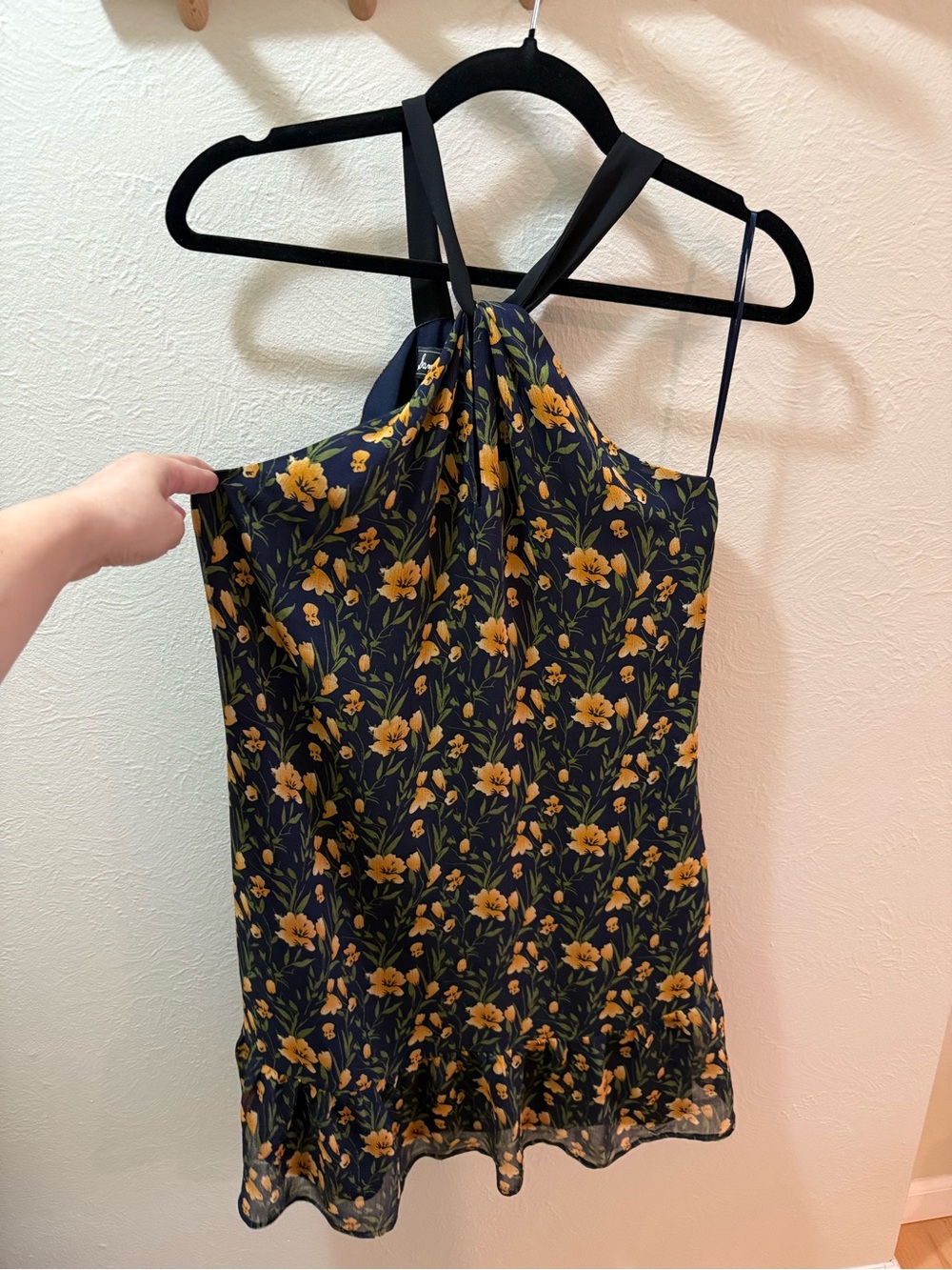 Sam Edelman Navy Halter Floral dress with Mustard Blooms